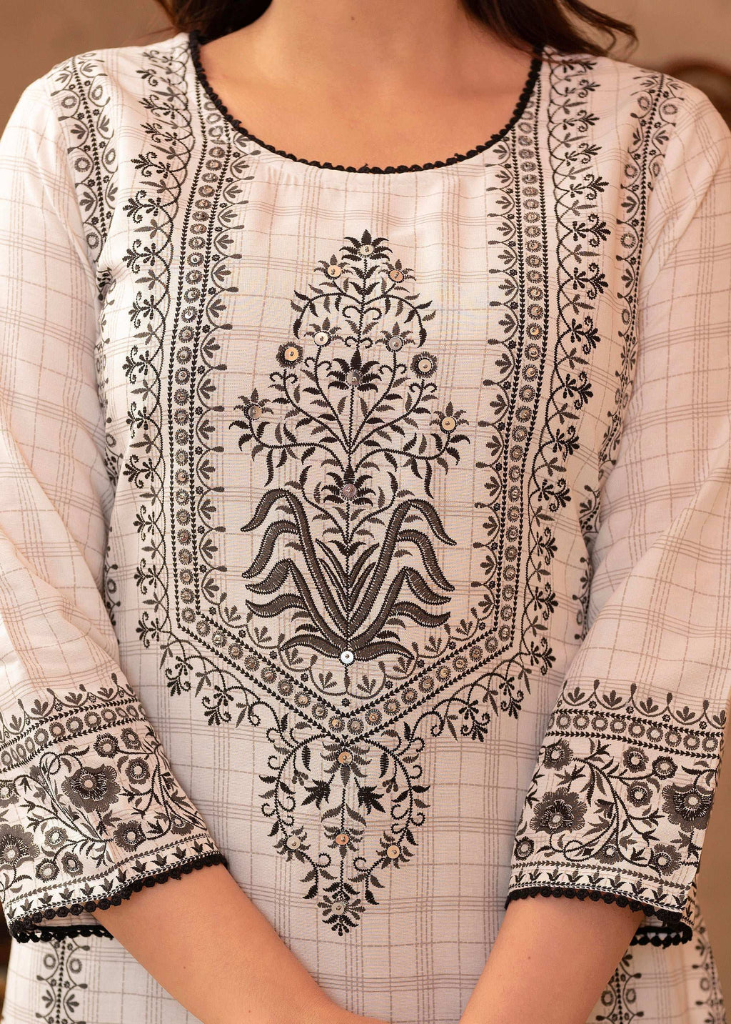 Juniper Black & White Ethnic Motif Printed Viscose Kurta with Cotton Lace & Sequins