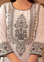 Juniper Black & White Ethnic Motif Printed Viscose Kurta with Cotton Lace & Sequins