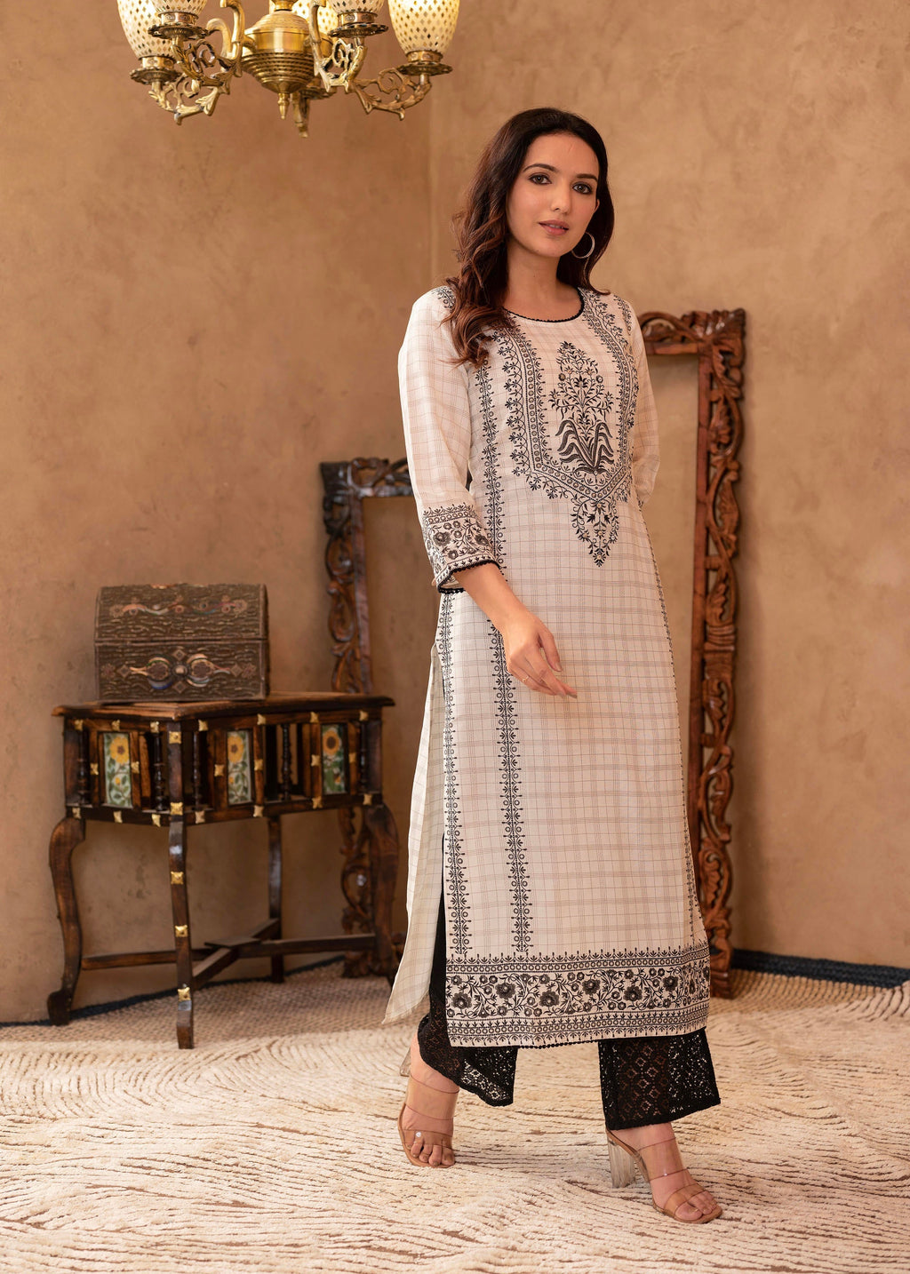 Juniper Black & White Ethnic Motif Printed Viscose Kurta with Cotton Lace & Sequins