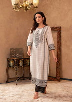 Juniper Black & White Ethnic Motif Printed Viscose Kurta with Cotton Lace & Sequins