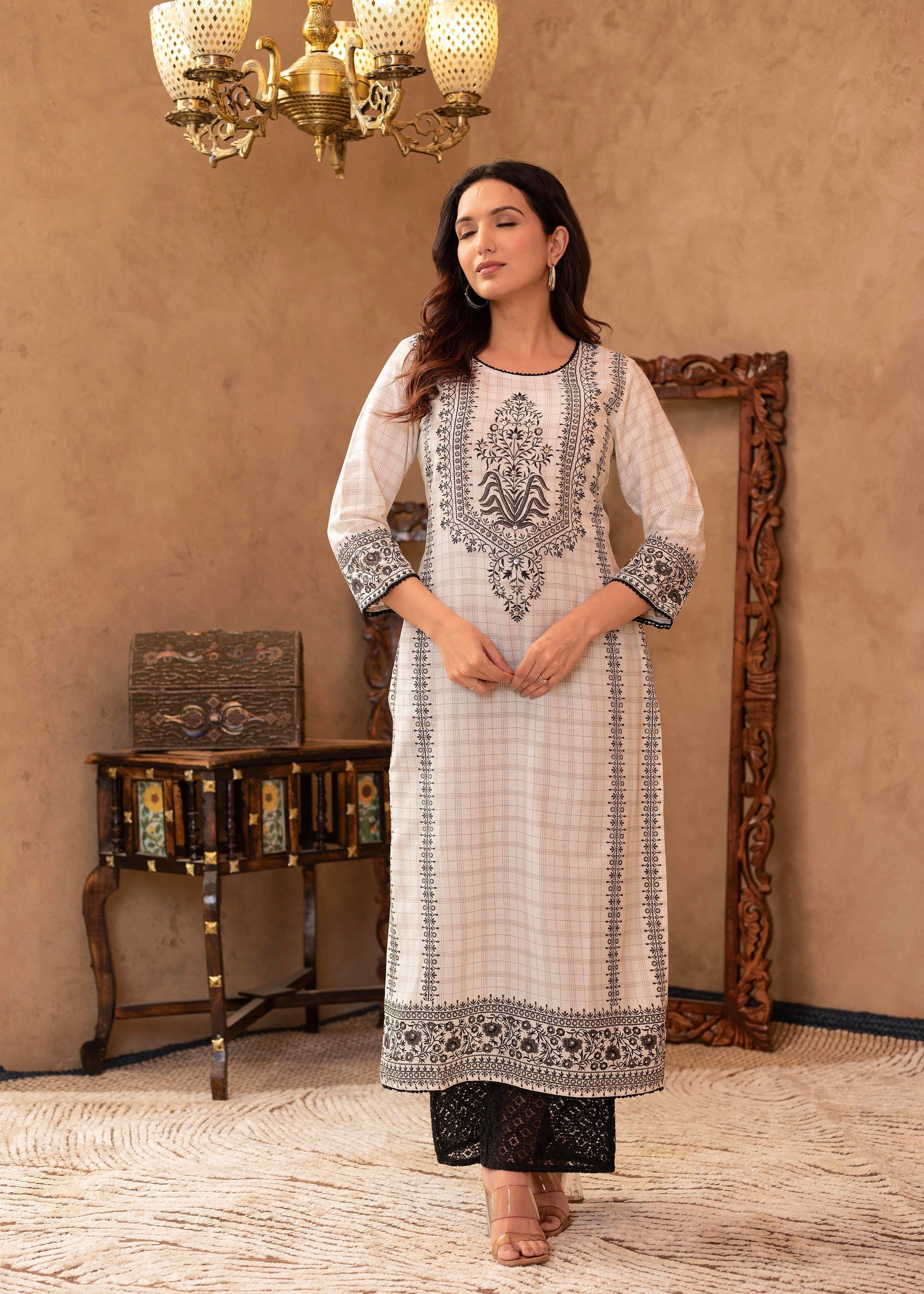 Juniper Black & White Ethnic Motif Printed Viscose Kurta with Cotton Lace & Sequins