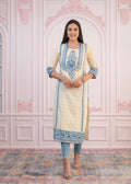 Juniper Blue Viscose Printed Kurta with Ethnic Motifs, Cotton Lace, Sequins & Bead Work - Distacart
