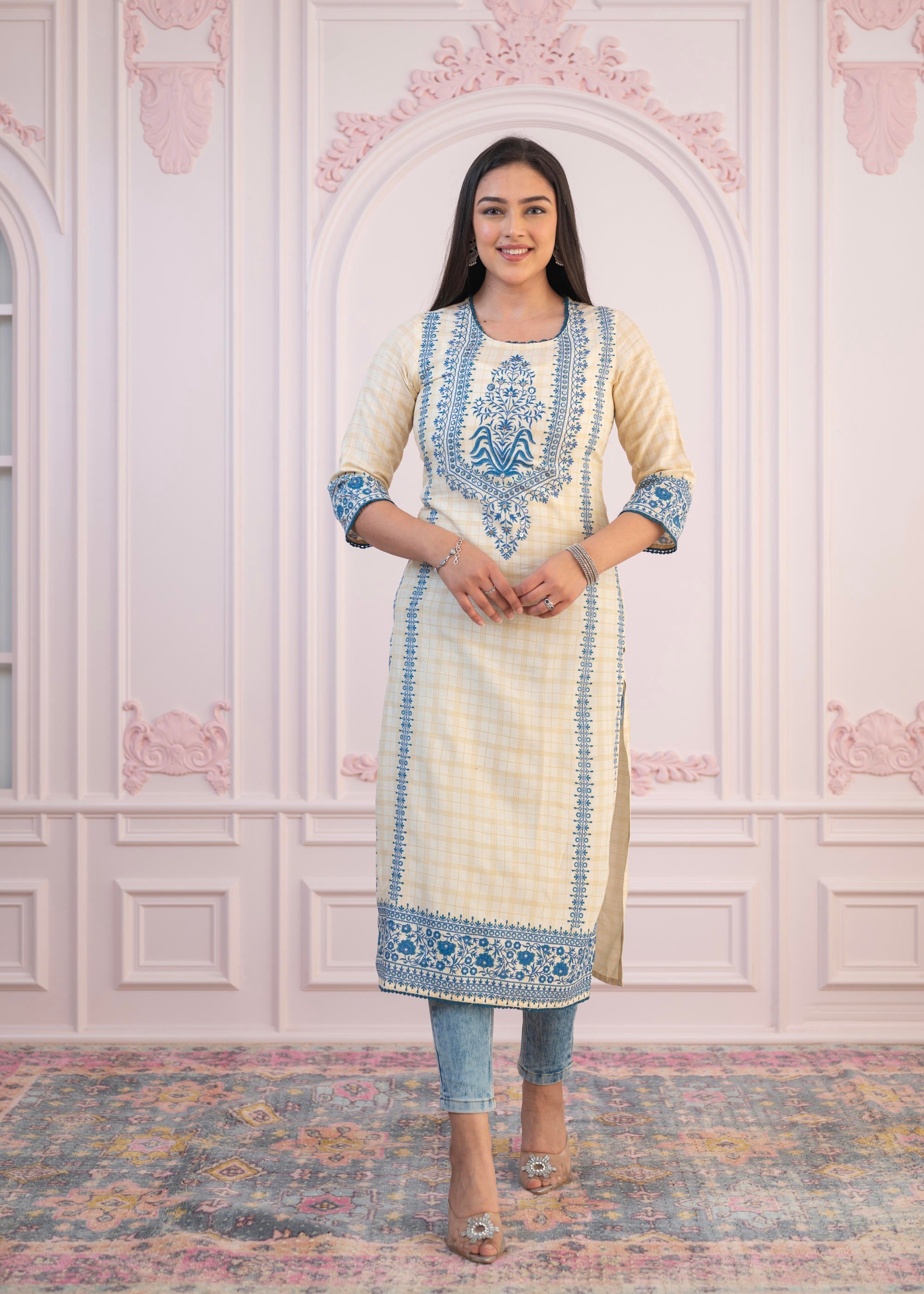 Juniper Blue Viscose Printed Kurta with Ethnic Motifs, Cotton Lace, Sequins & Bead Work - Distacart