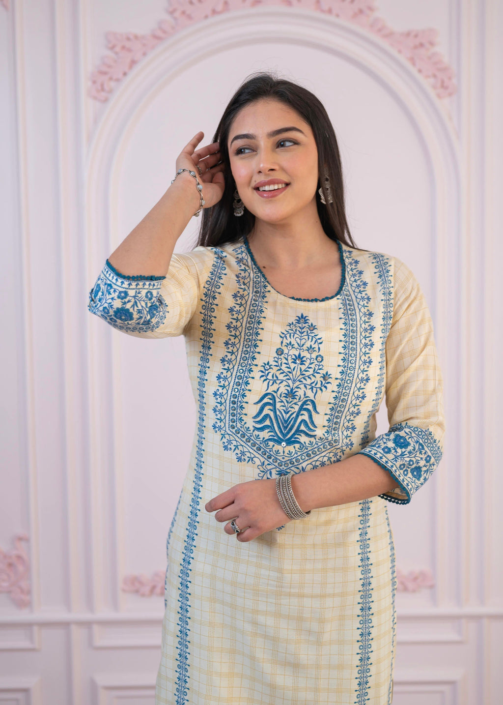 Juniper Blue Viscose Printed Kurta with Ethnic Motifs, Cotton Lace, Sequins & Bead Work - Distacart