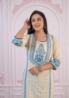 Juniper Blue Viscose Printed Kurta with Ethnic Motifs, Cotton Lace, Sequins & Bead Work - Distacart