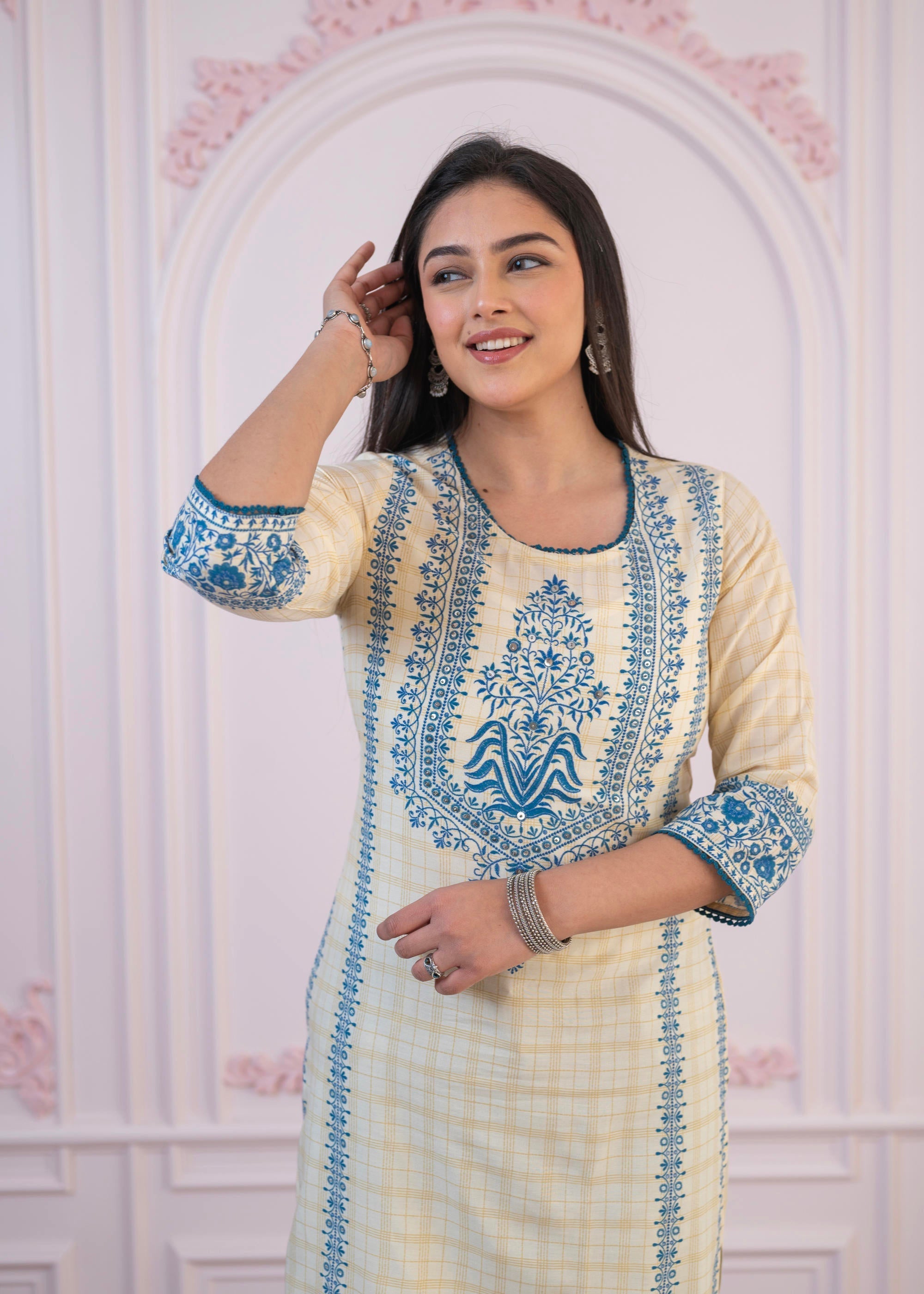 Juniper Blue Viscose Printed Kurta with Ethnic Motifs, Cotton Lace, Sequins & Bead Work - Distacart