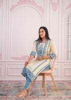 Juniper Blue Viscose Printed Kurta with Ethnic Motifs, Cotton Lace, Sequins & Bead Work - Distacart