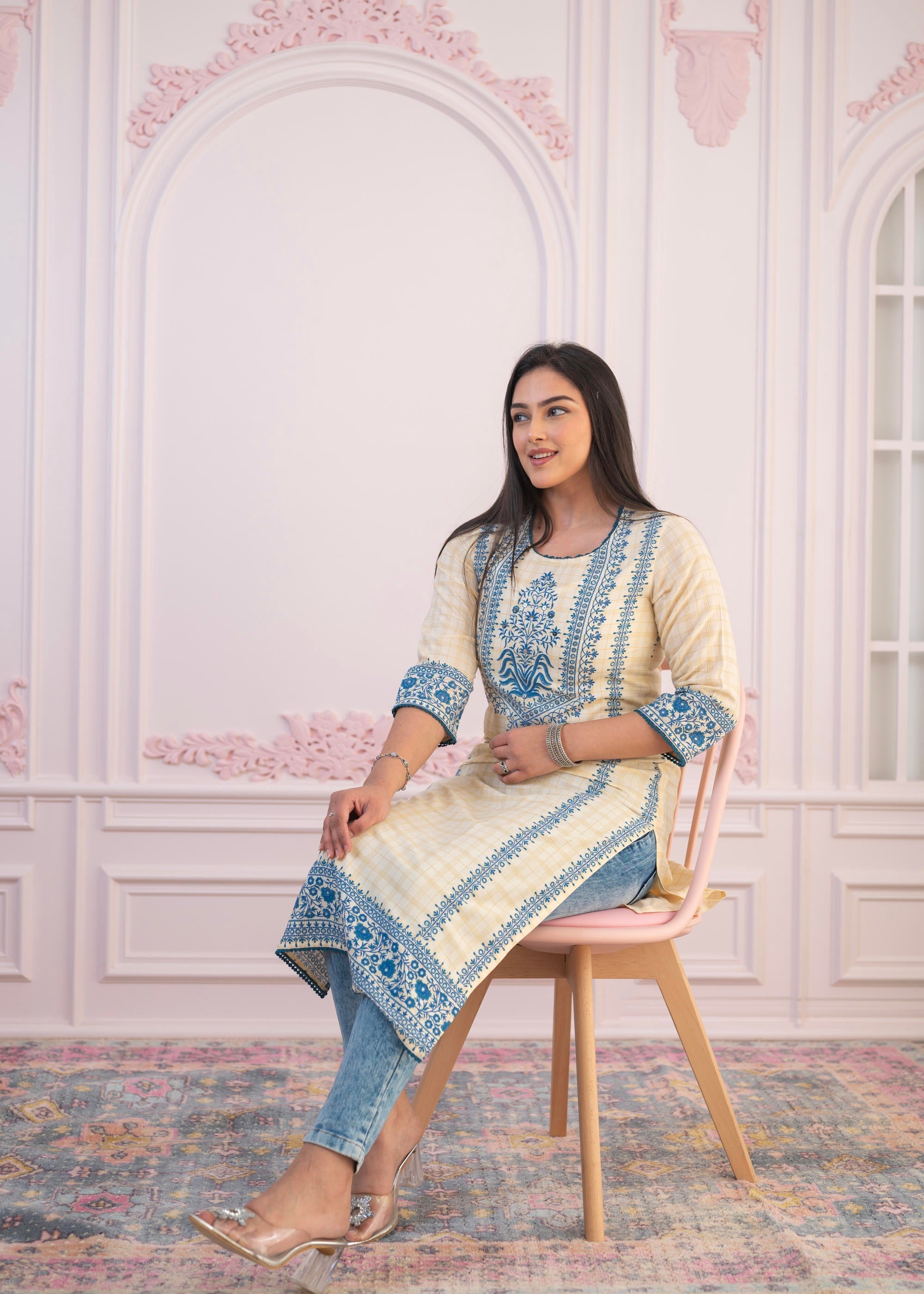 Juniper Blue Viscose Printed Kurta with Ethnic Motifs, Cotton Lace, Sequins & Bead Work - Distacart