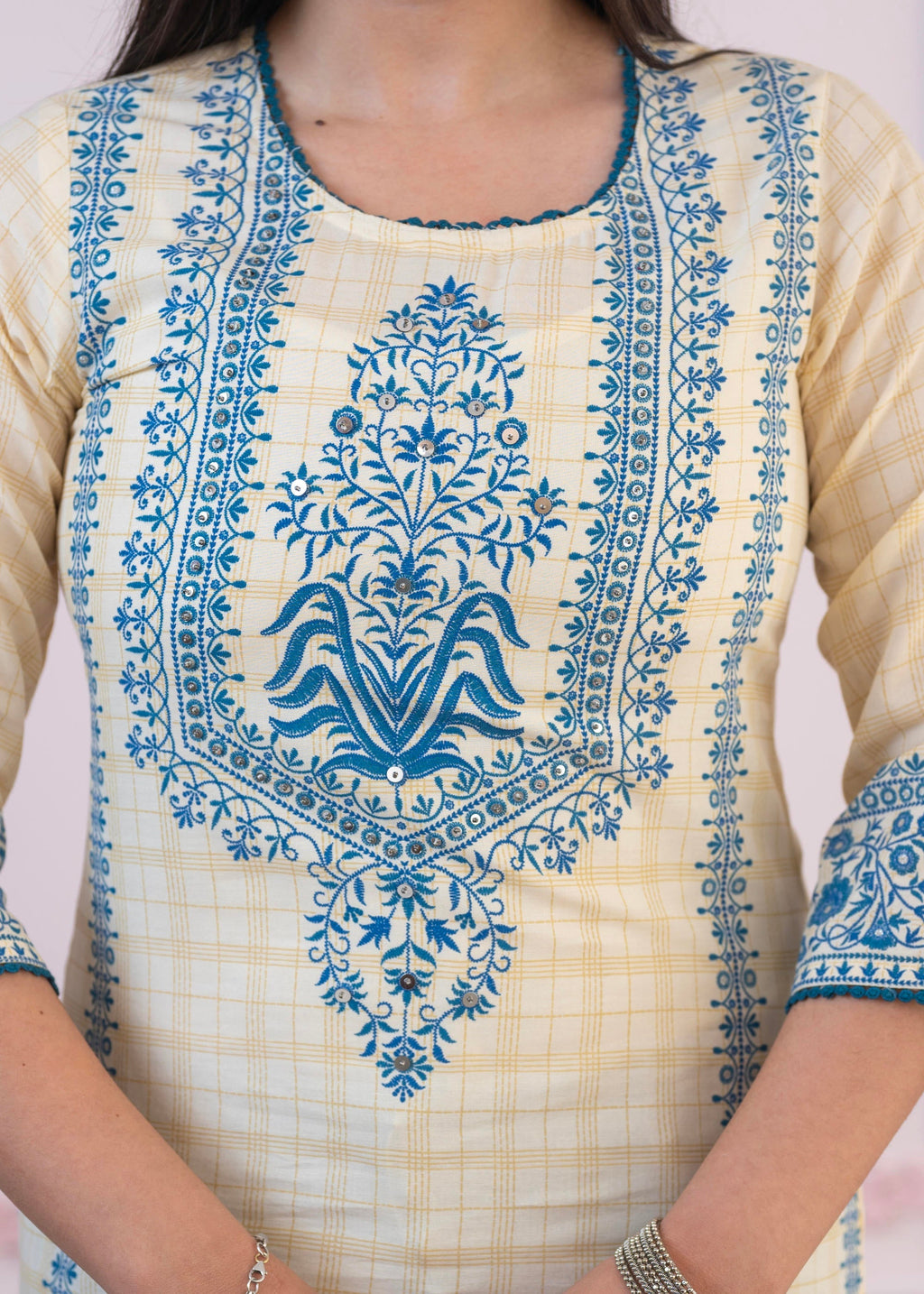 Juniper Blue Viscose Printed Kurta with Ethnic Motifs, Cotton Lace, Sequins & Bead Work - Distacart