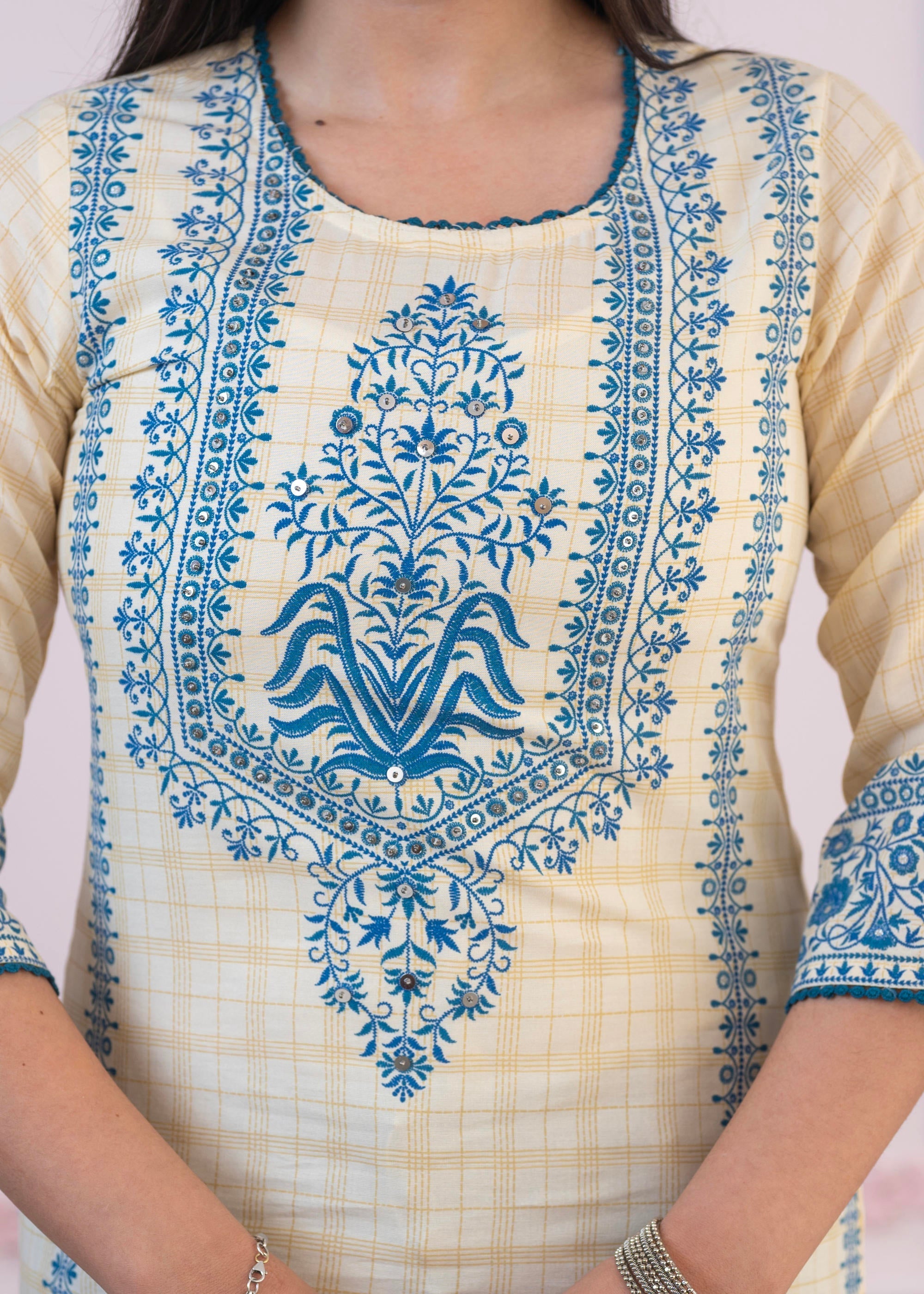 Juniper Blue Viscose Printed Kurta with Ethnic Motifs, Cotton Lace, Sequins & Bead Work - Distacart