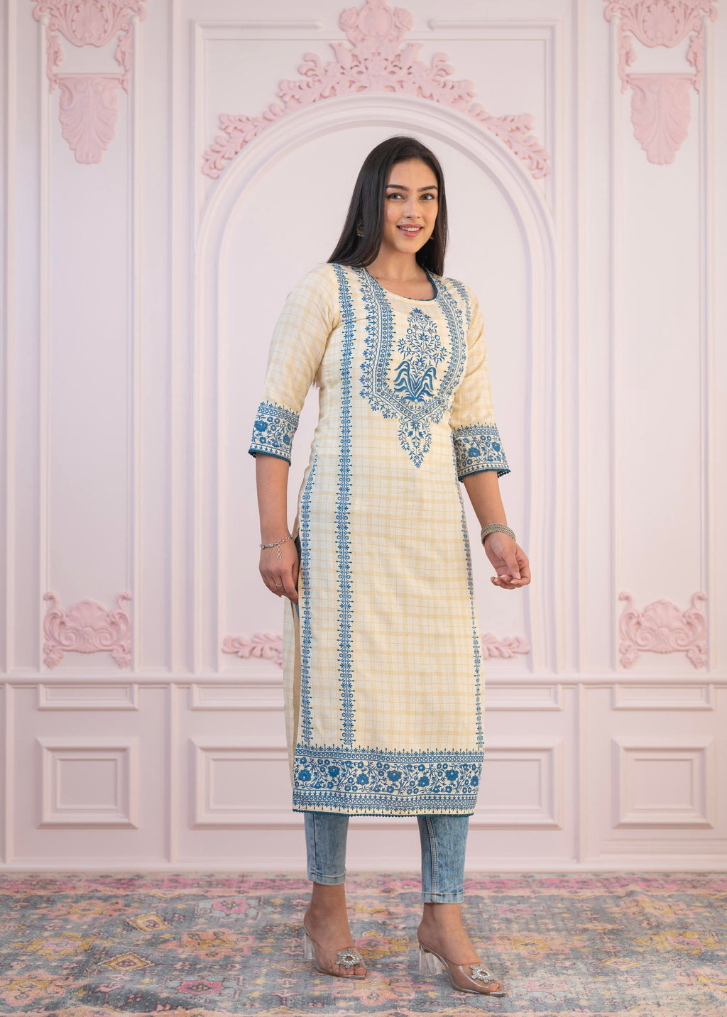 Juniper Blue Viscose Printed Kurta with Ethnic Motifs, Cotton Lace, Sequins & Bead Work - Distacart