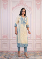 Juniper Blue Viscose Printed Kurta with Ethnic Motifs, Cotton Lace, Sequins & Bead Work - Distacart