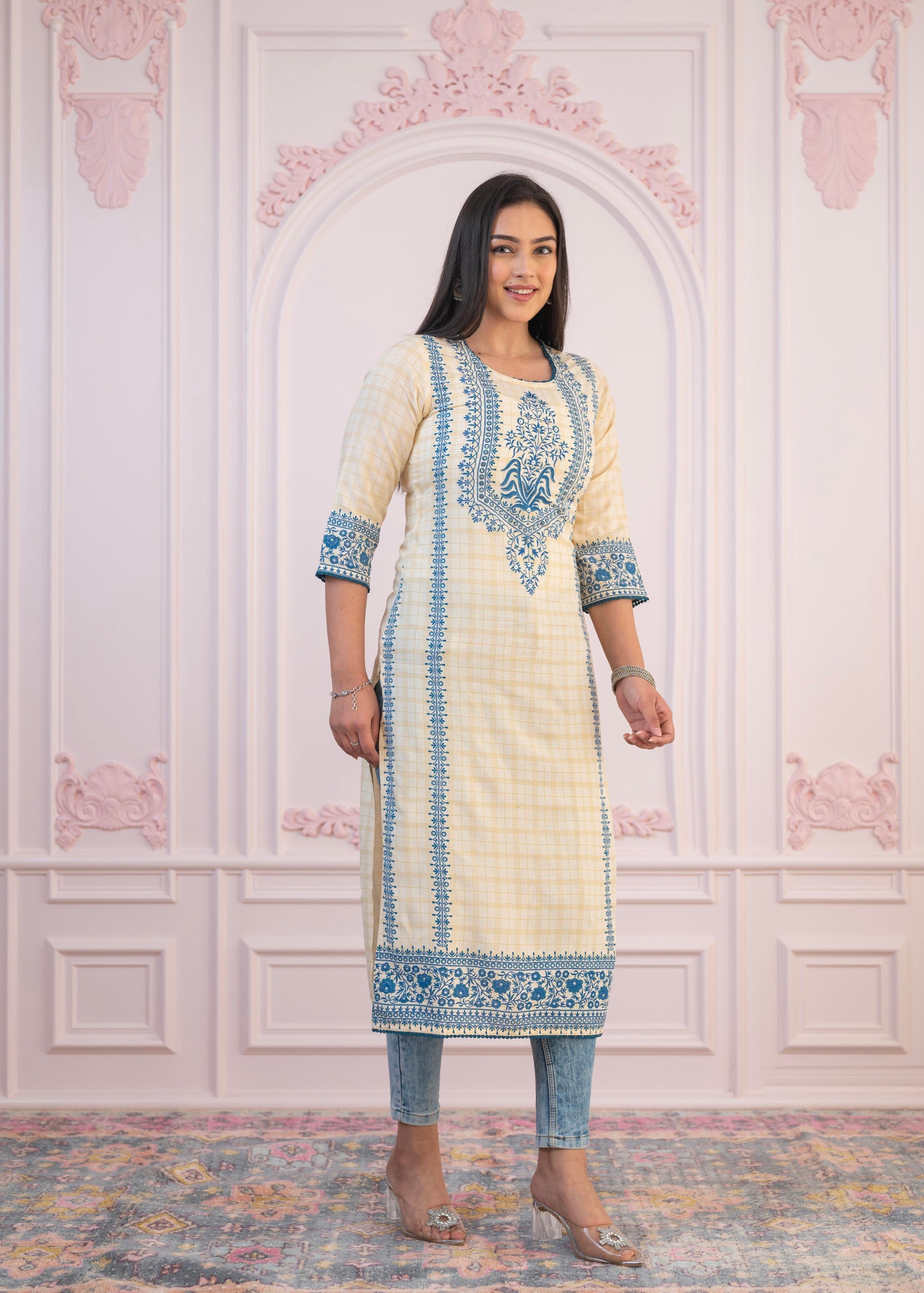 Juniper Blue Viscose Printed Kurta with Ethnic Motifs, Cotton Lace, Sequins & Bead Work - Distacart