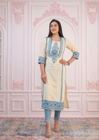 Juniper Blue Viscose Printed Kurta with Ethnic Motifs, Cotton Lace, Sequins & Bead Work - Distacart