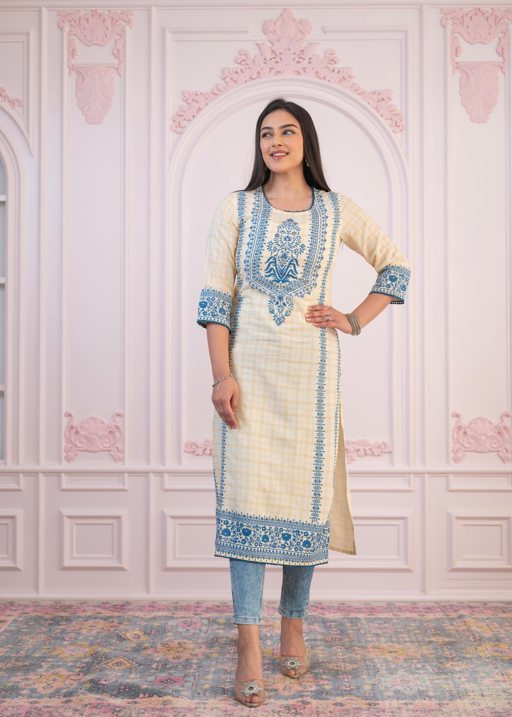 Juniper Blue Viscose Printed Kurta with Ethnic Motifs, Cotton Lace, Sequins & Bead Work - Distacart