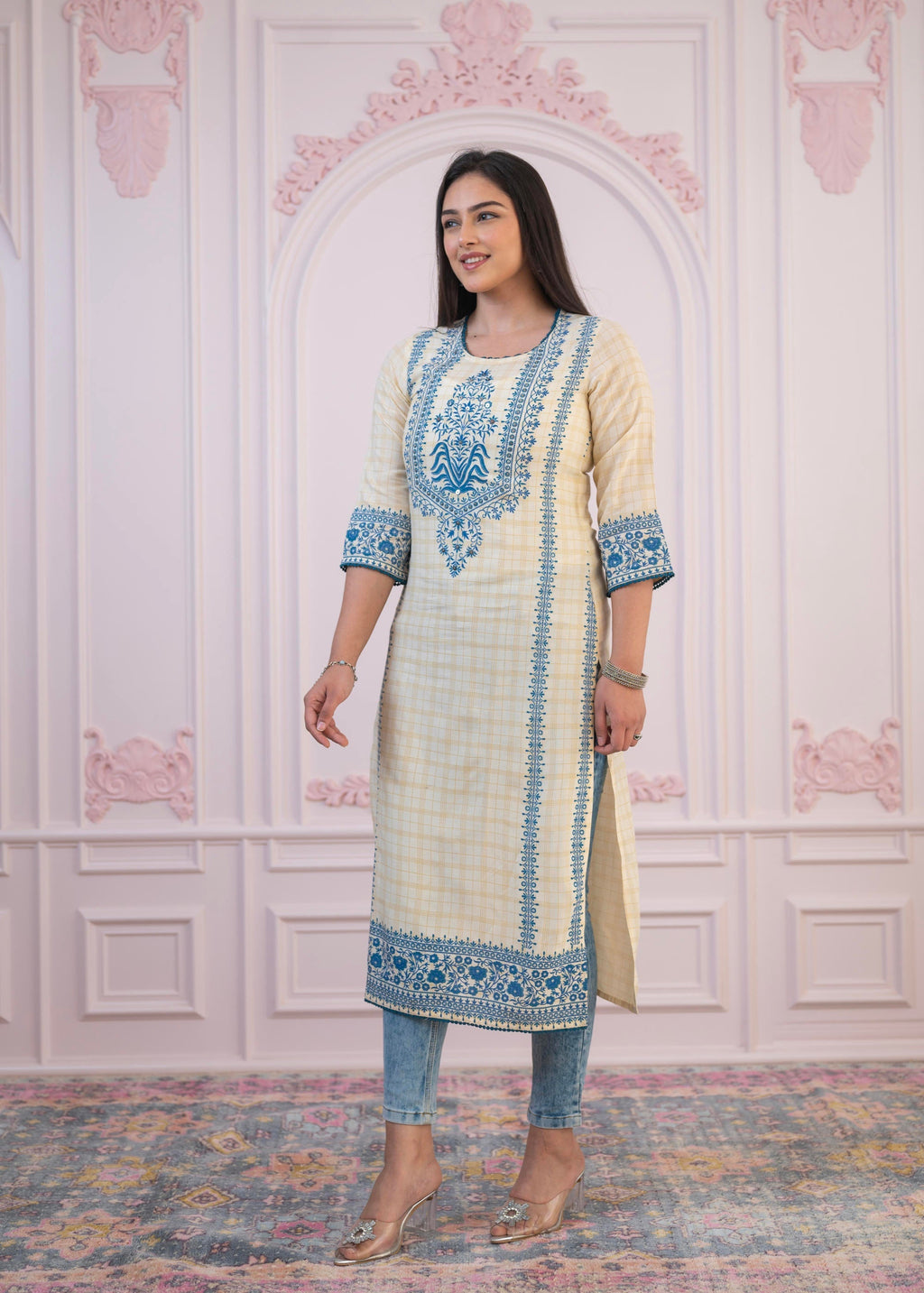Juniper Blue Viscose Printed Kurta with Ethnic Motifs, Cotton Lace, Sequins & Bead Work - Distacart