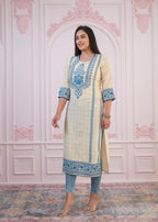 Juniper Blue Viscose Printed Kurta with Ethnic Motifs, Cotton Lace, Sequins & Bead Work - Distacart