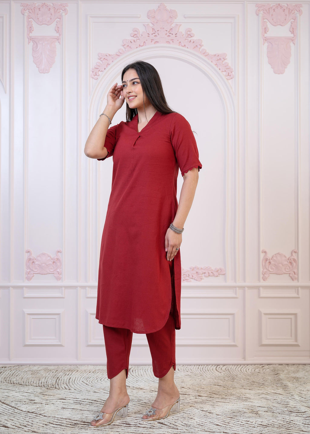 Juniper Maroon Cotton Linen Pleated Kurta-Pant Set With Cotton Lace - Distacart