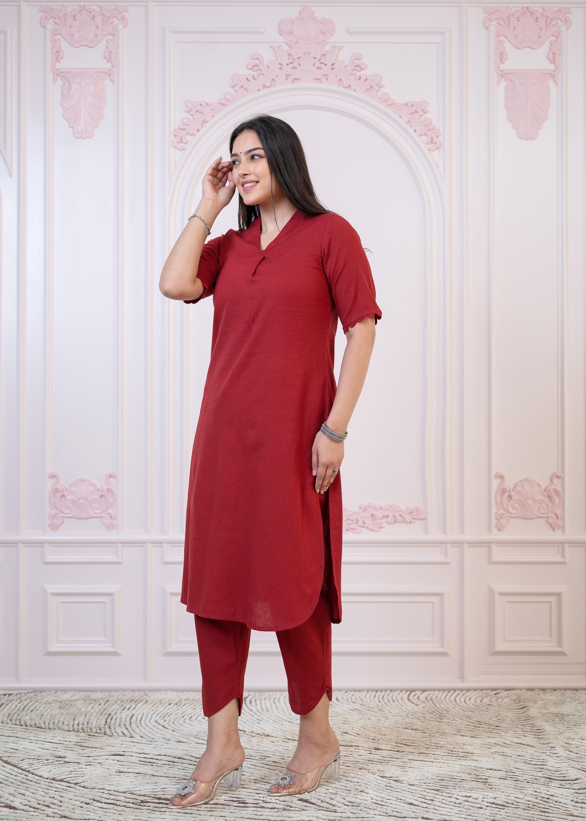 Juniper Maroon Cotton Linen Pleated Kurta-Pant Set With Cotton Lace - Distacart