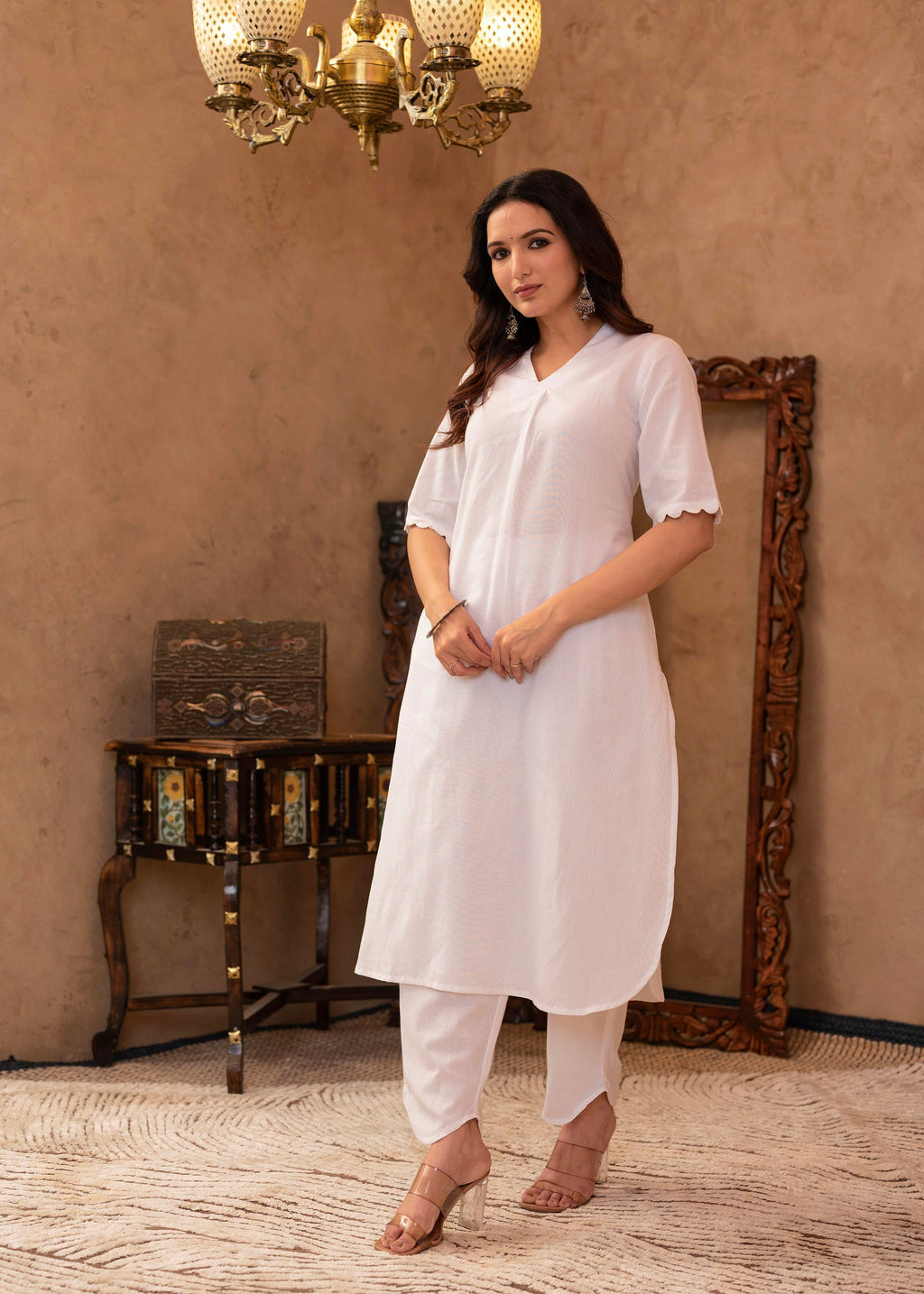 Juniper White Cotton Linen Pleated Kurta-Pant Set With Cotton Lace Detailing - Distacart