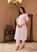 Juniper White Cotton Linen Pleated Kurta-Pant Set With Cotton Lace Detailing - Distacart