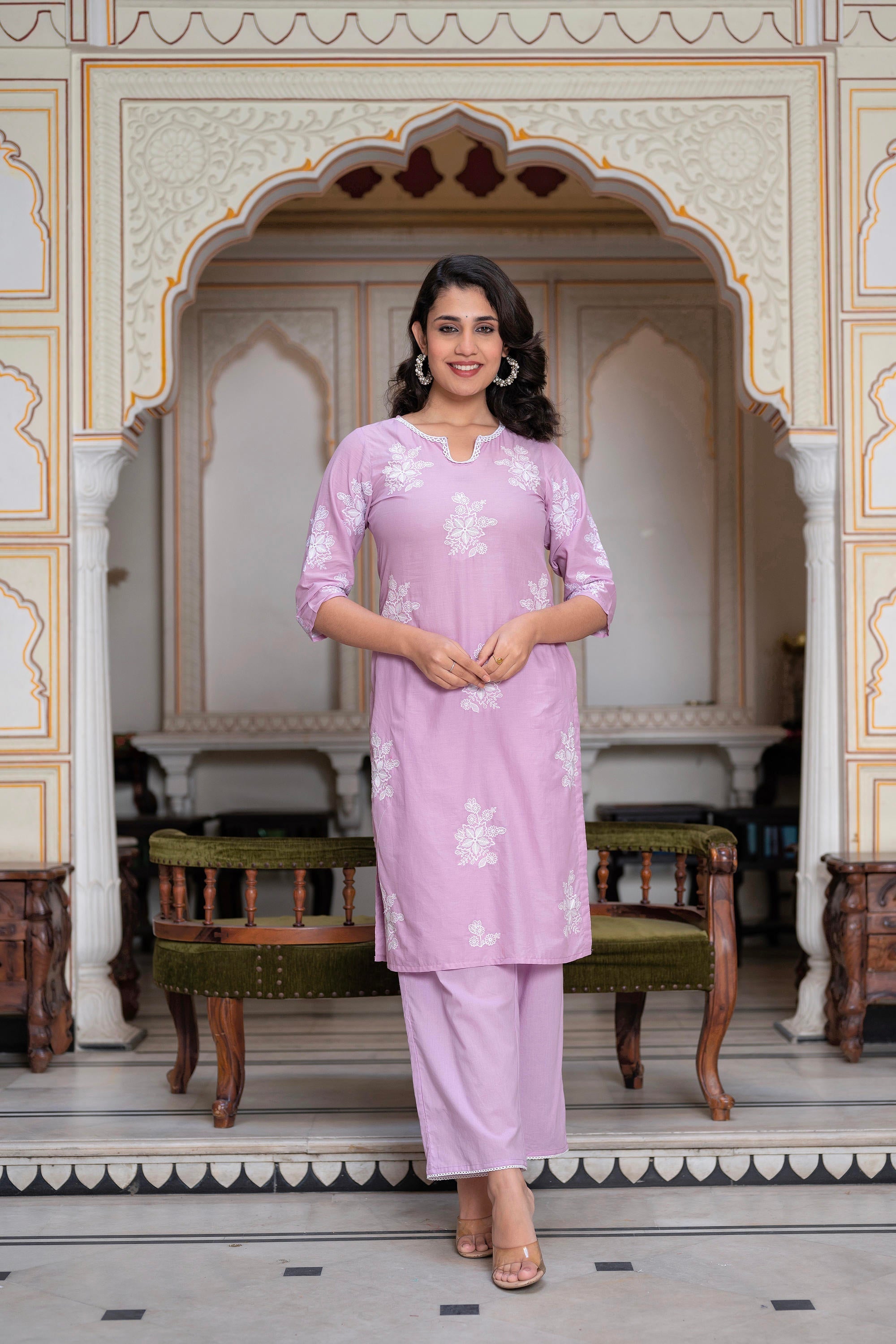 Juniper Lavender Floral Embroidered Cotton Slub Kurta with Palazzo & Hook Closure