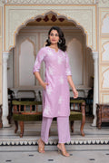 Juniper Lavender Floral Embroidered Cotton Slub Kurta With Palazzo & Hook Closure - Distacart