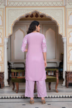 Juniper Lavender Floral Embroidered Cotton Slub Kurta With Palazzo & Hook Closure - Distacart