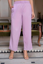 Juniper Lavender Floral Embroidered Cotton Slub Kurta with Palazzo & Hook Closure