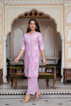 Juniper Lavender Floral Embroidered Cotton Slub Kurta with Palazzo & Hook Closure