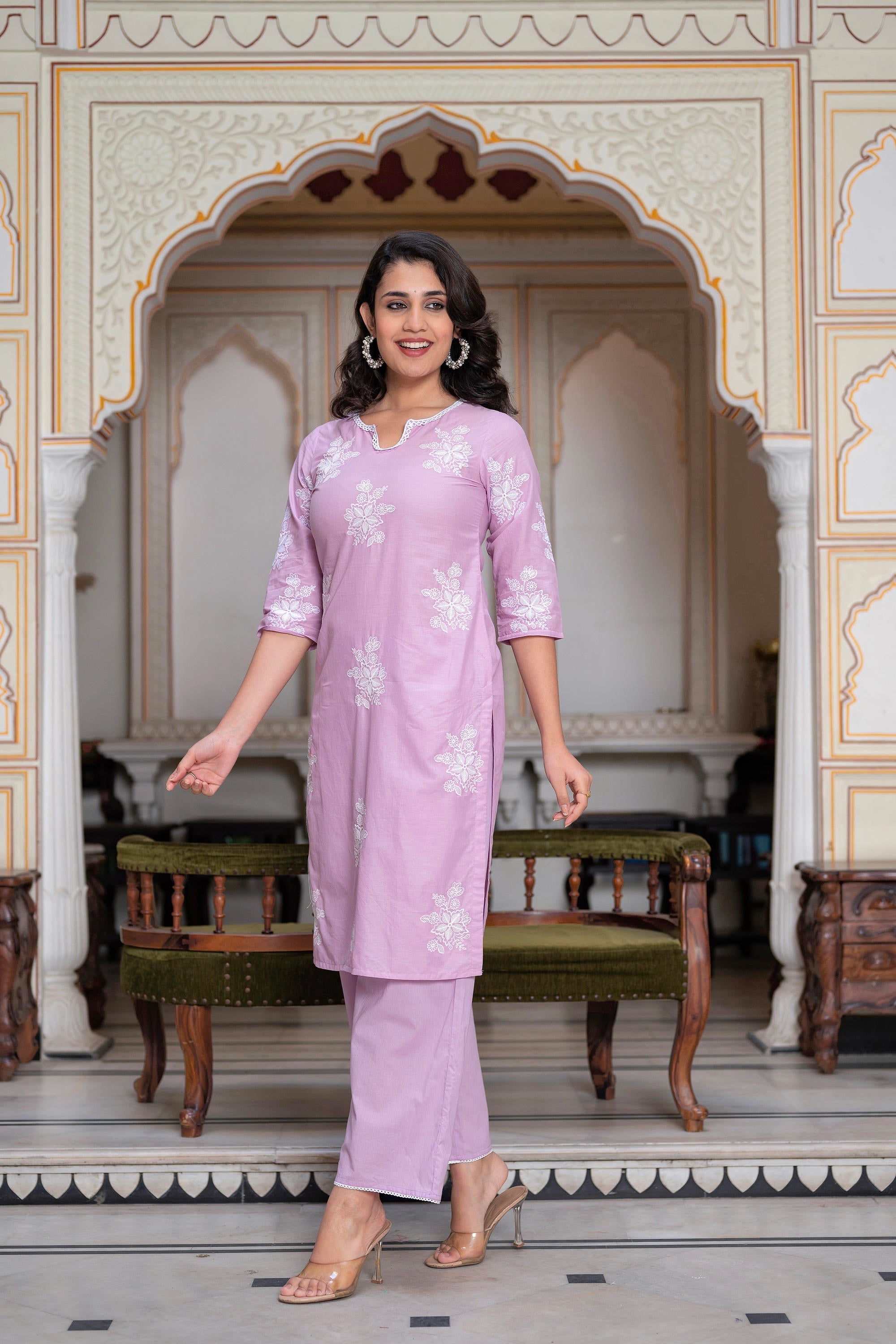 Juniper Lavender Floral Embroidered Cotton Slub Kurta with Palazzo & Hook Closure