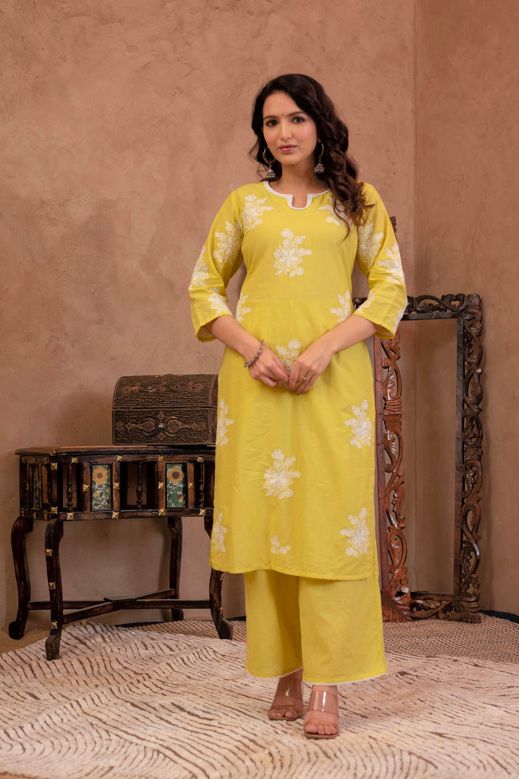 Juniper Lime Yellow Embroidered Cotton Slub Kurta With Palazzo & Thread Work - Distacart