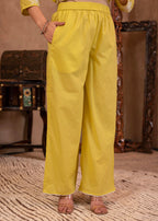 Juniper Lime Yellow Embroidered Cotton Slub Kurta with Palazzo & Thread Work