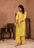 Juniper Lime Yellow Embroidered Cotton Slub Kurta with Palazzo & Thread Work