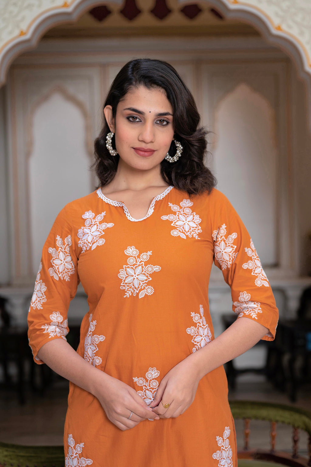 Juniper Rust Embroidered Cotton Slub Kurta-Palazzo Set with Thread Work & Cotton Lace