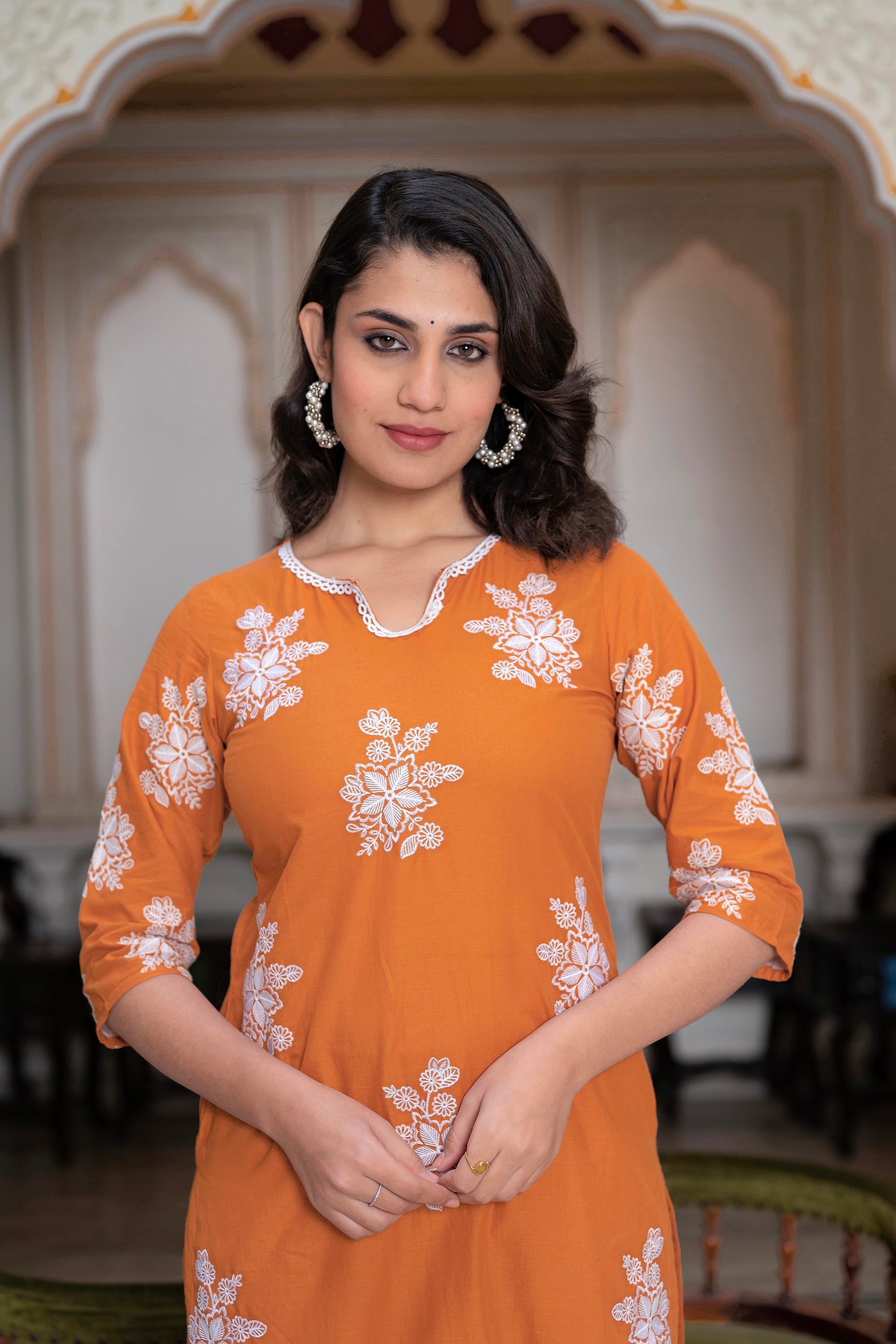Juniper Rust Embroidered Cotton Slub Kurta-Palazzo Set With Thread Work & Cotton Lace - Distacart