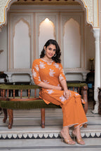 Juniper Rust Embroidered Cotton Slub Kurta-Palazzo Set with Thread Work & Cotton Lace