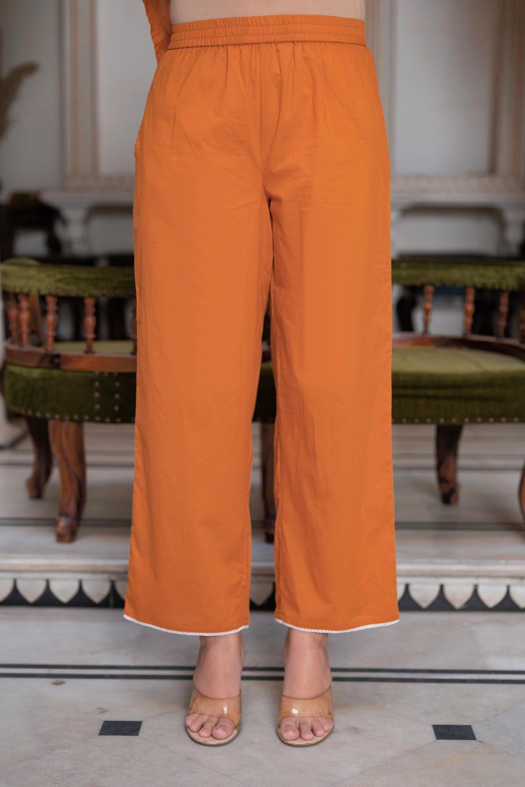 Juniper Rust Embroidered Cotton Slub Kurta-Palazzo Set with Thread Work & Cotton Lace