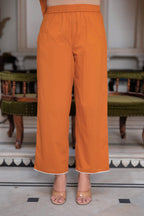 Juniper Rust Embroidered Cotton Slub Kurta-Palazzo Set with Thread Work & Cotton Lace