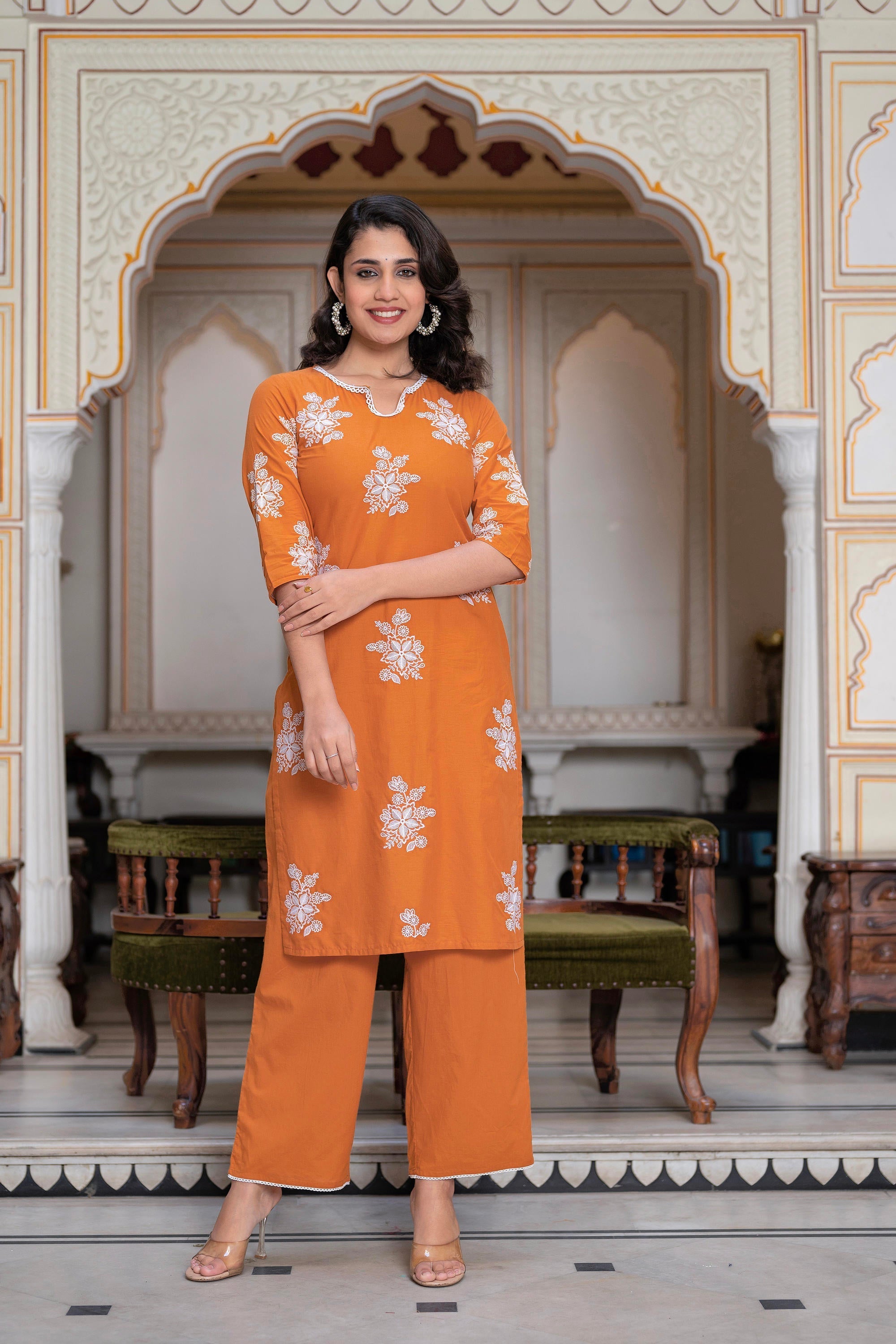 Juniper Rust Embroidered Cotton Slub Kurta-Palazzo Set with Thread Work & Cotton Lace