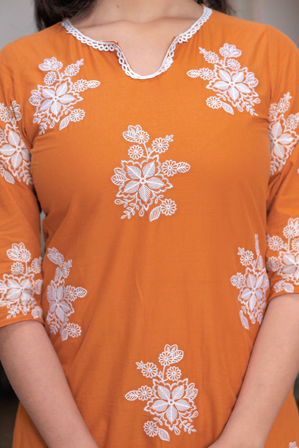 Juniper Rust Embroidered Cotton Slub Kurta-Palazzo Set with Thread Work & Cotton Lace