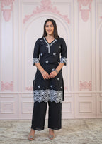 Juniper Black Floral Embroidered Cotton Slub Kurta With Palazzo & Lace - Distacart