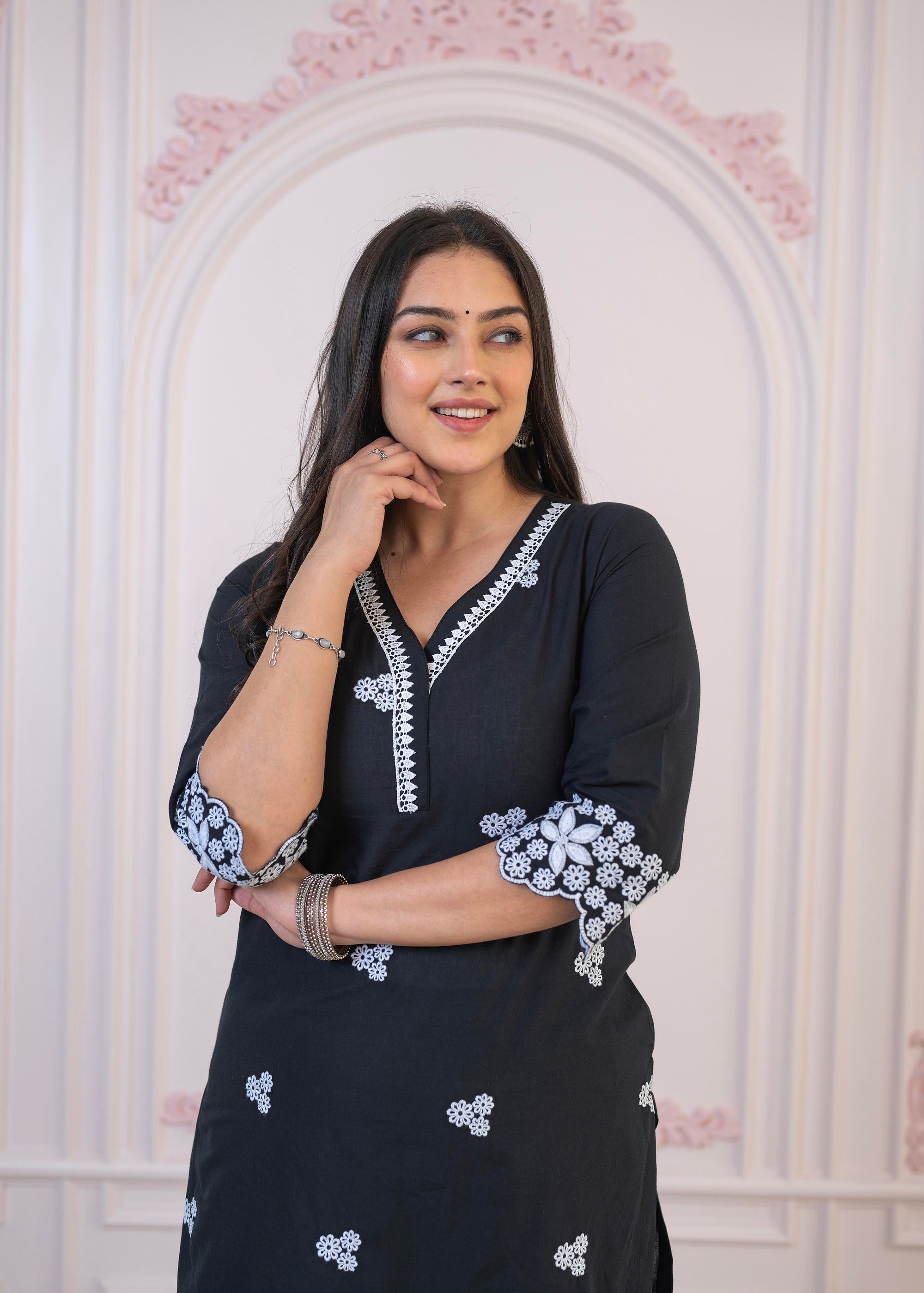 Juniper Black Floral Embroidered Cotton Slub Kurta with Palazzo & Lace
