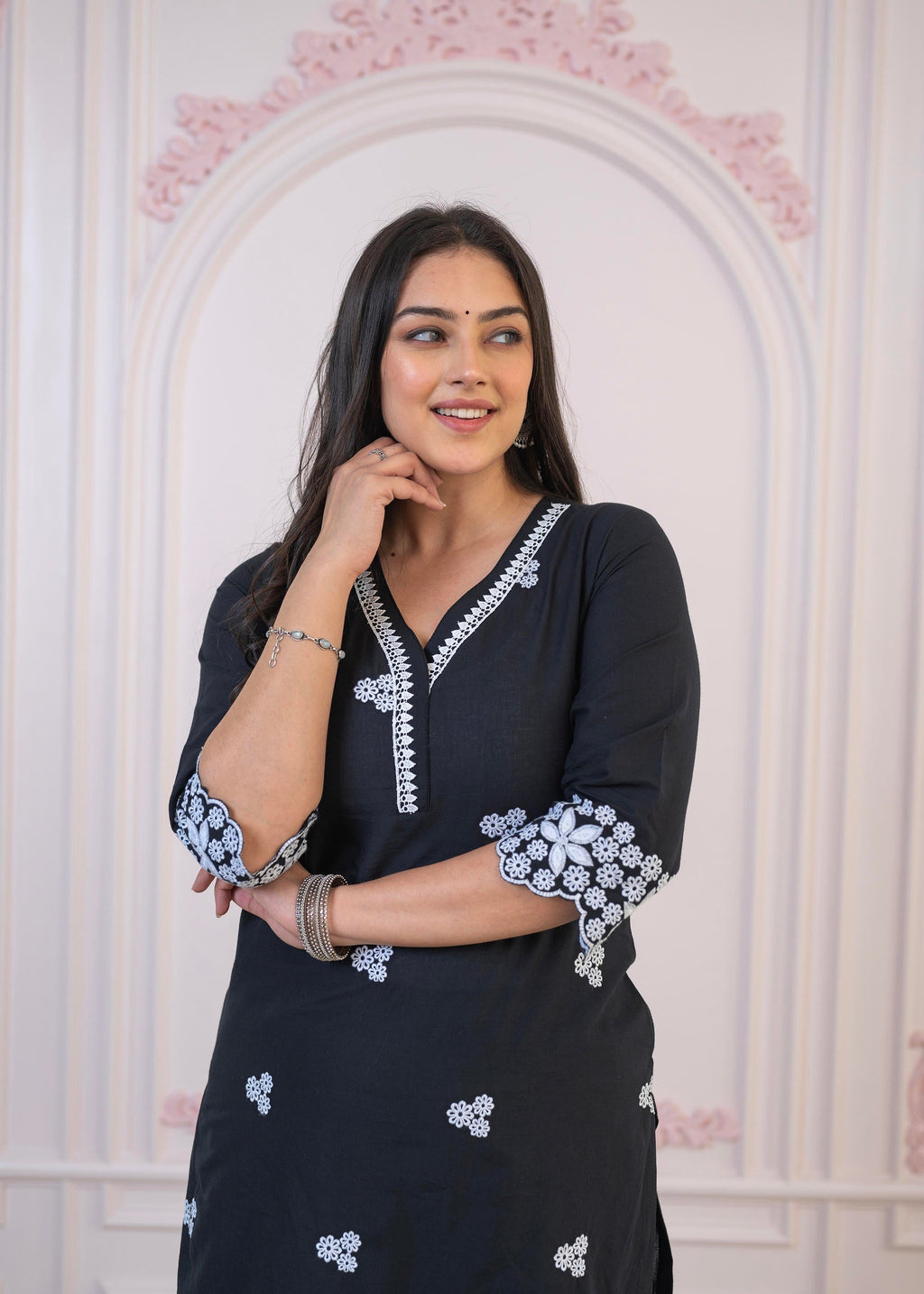 Juniper Black Floral Embroidered Cotton Slub Kurta With Palazzo & Lace - Distacart