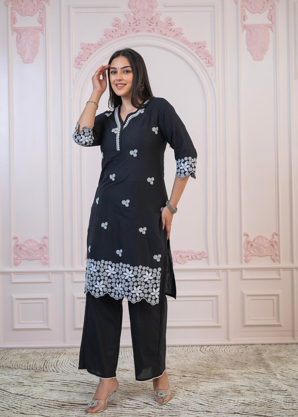 Juniper Black Floral Embroidered Cotton Slub Kurta with Palazzo & Lace