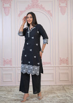 Juniper Black Floral Embroidered Cotton Slub Kurta with Palazzo & Lace