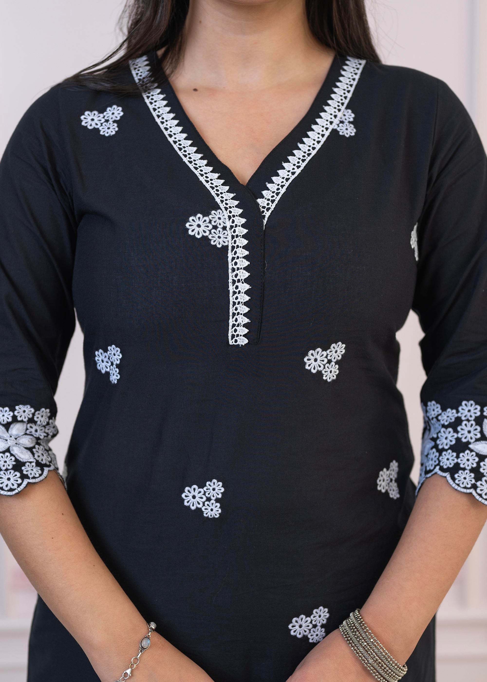 Juniper Black Floral Embroidered Cotton Slub Kurta with Palazzo & Lace