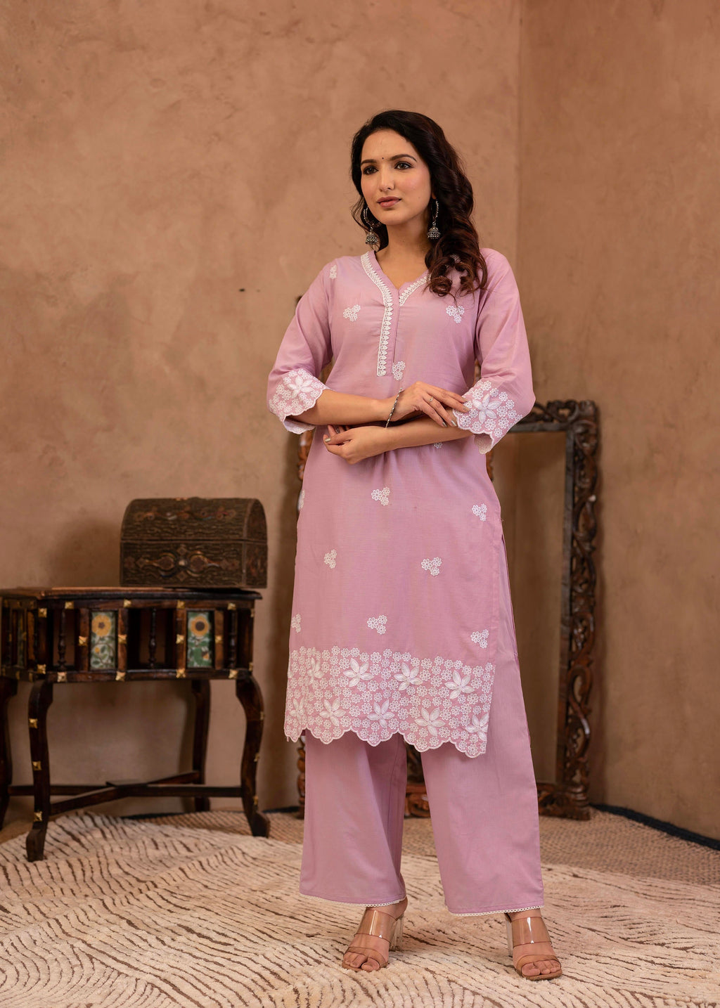 Juniper Lavender Floral Embroidered Cotton Kurta With Palazzo & Lace Work - Distacart