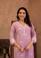 Juniper Lavender Floral Embroidered Cotton Kurta with Palazzo & Lace Work