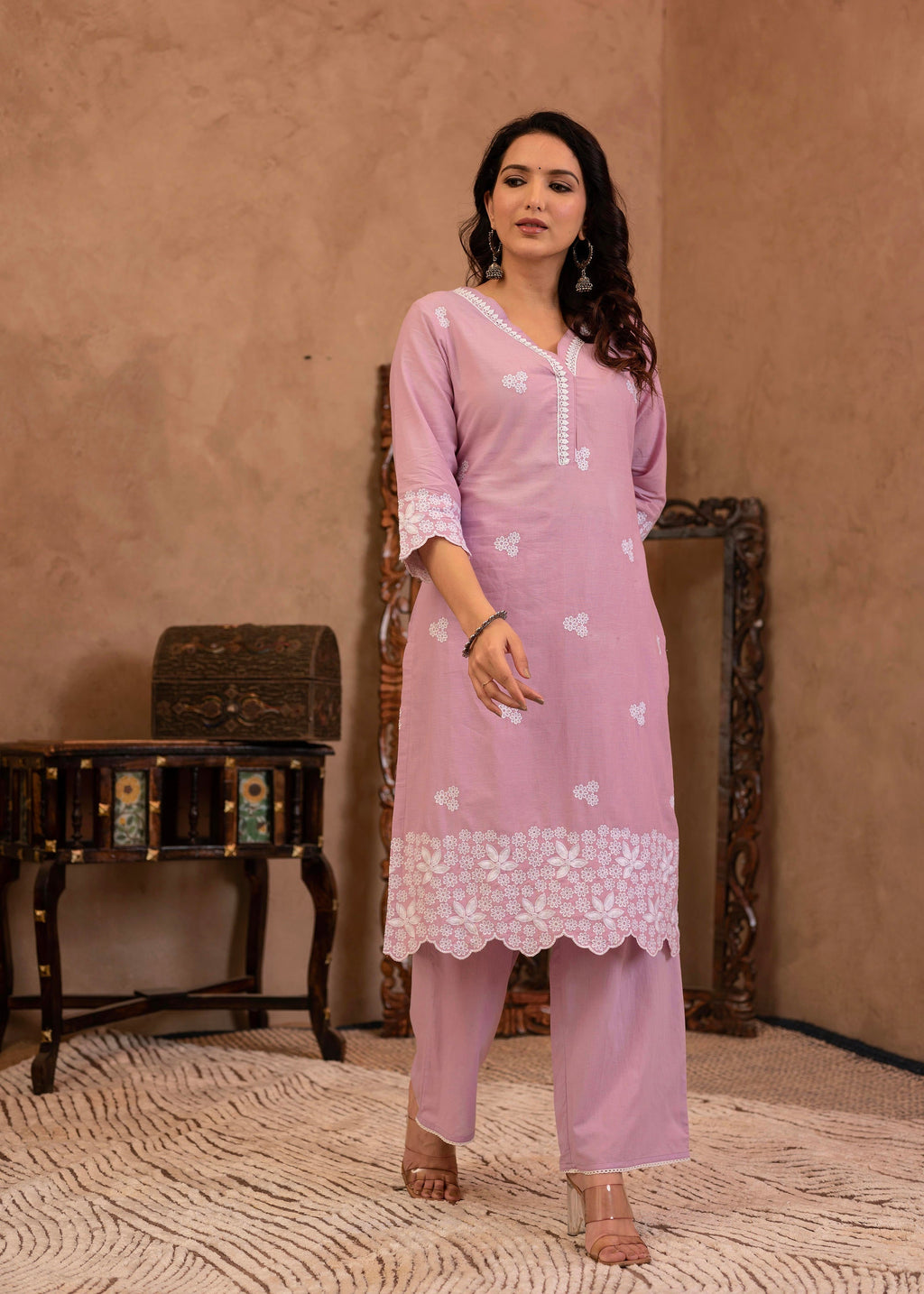 Juniper Lavender Floral Embroidered Cotton Kurta with Palazzo & Lace Work